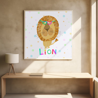 Funny Lion Wearing Glasses by Artist Carla Daly - Square Stretched Canvas, Poster or Fine Art Print I Heart Wall Art