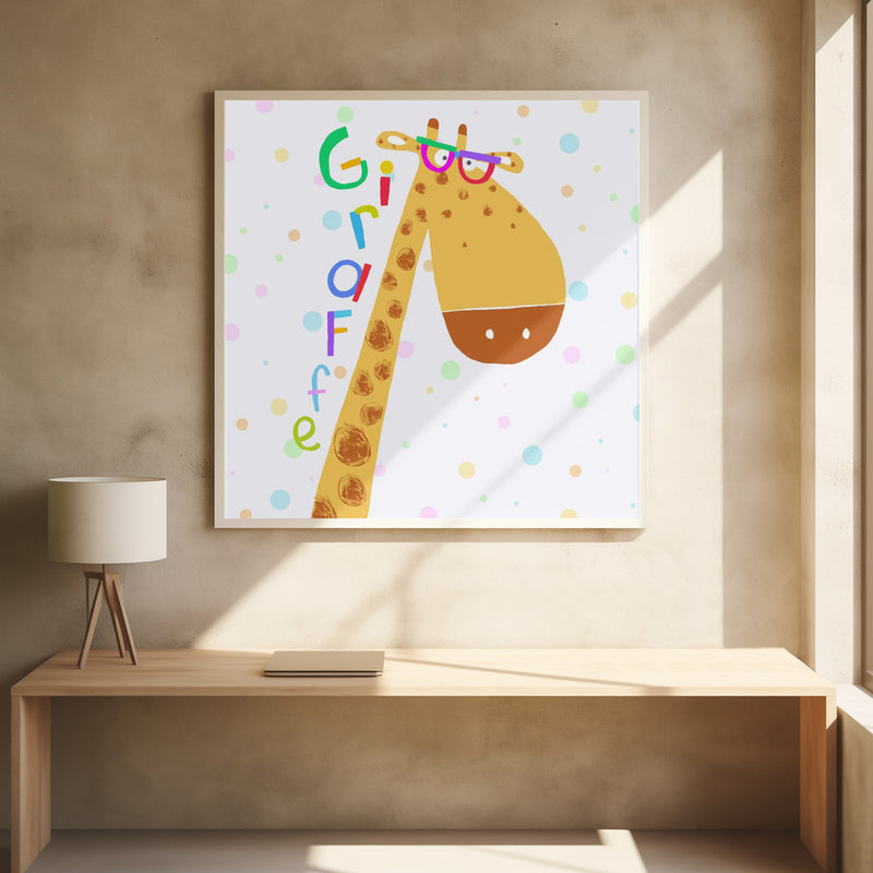 Cute Giraffe Wearing Glasses with Colorful Text by Carla Daly - Square Stretched Canvas, Poster or Fine Art Print I Heart Wall Art