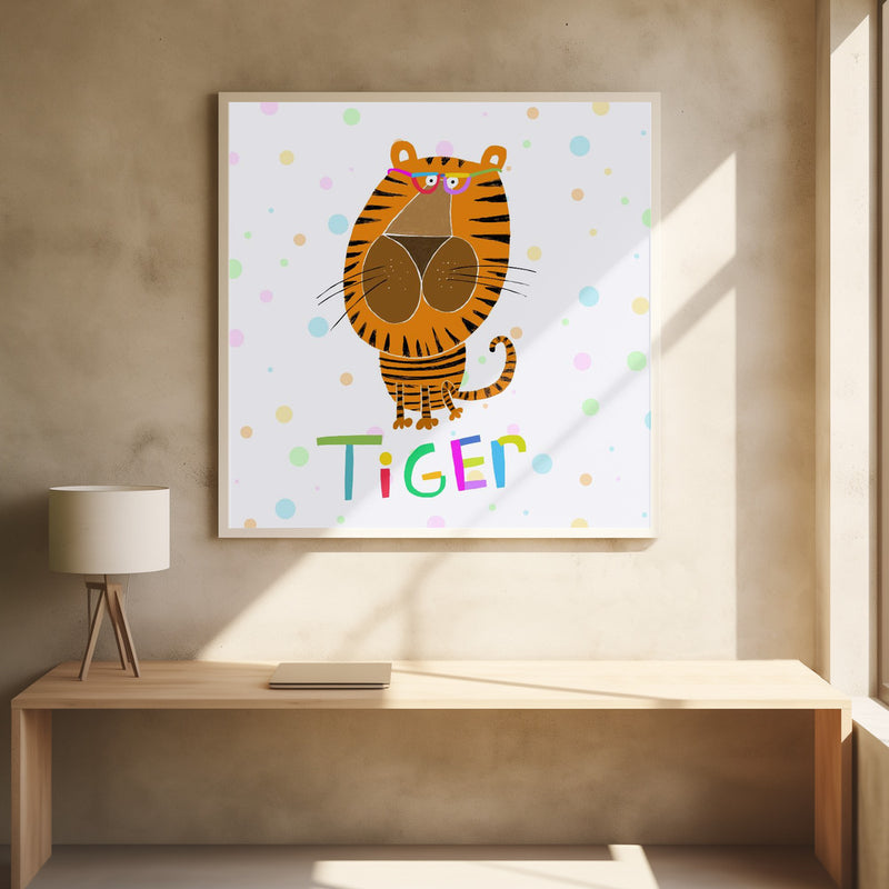 Happy Tiger Wearing Glasses by Illustrator Carla Daly - Square Stretched Canvas, Poster or Fine Art Print I Heart Wall Art