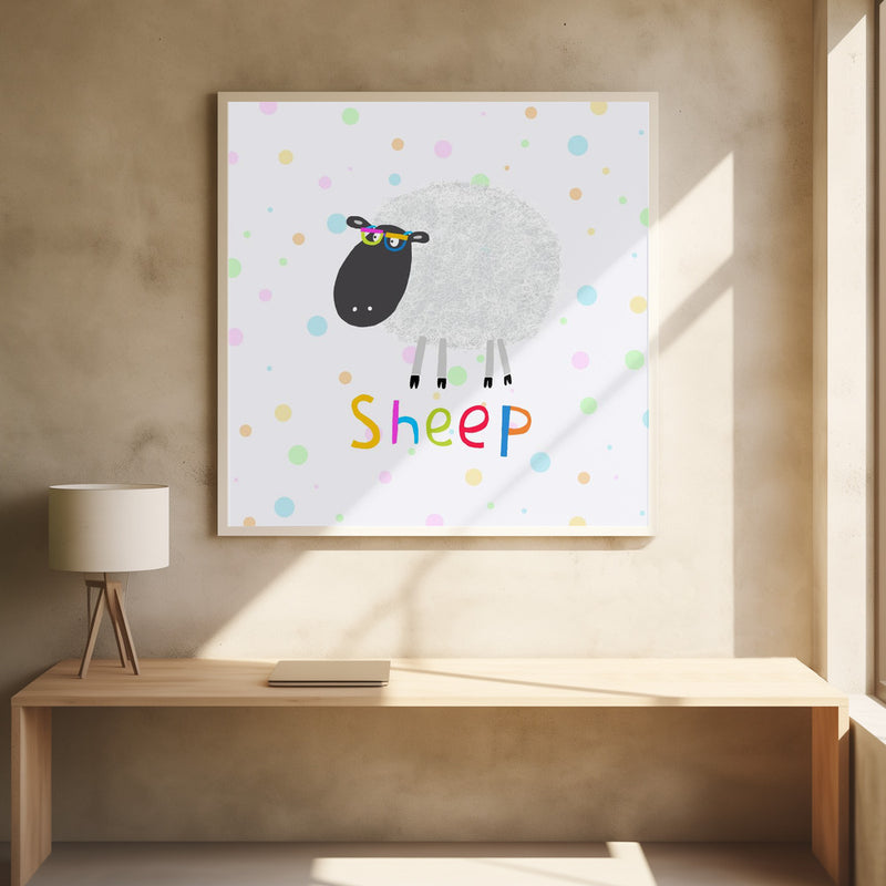 Cute Fluffy Sheep Wearing Colorful Glasses by Artist Carla Daly - Square Stretched Canvas, Poster or Fine Art Print I Heart Wall Art