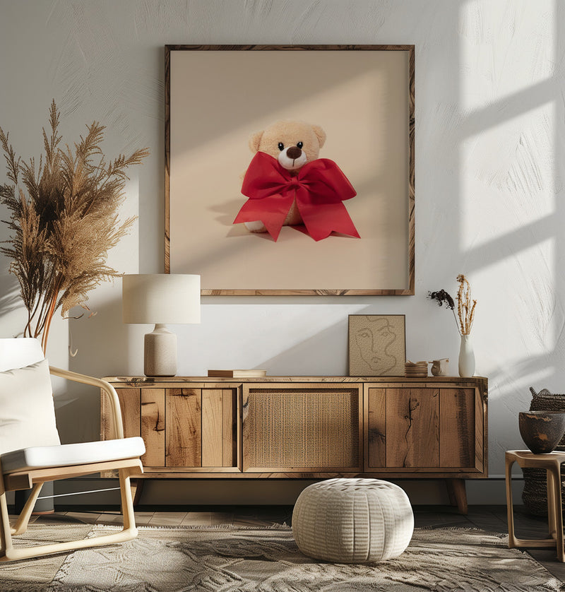 Teddy Bear with Red Bow - Square Stretched Canvas, Poster or Fine Art Print I Heart Wall Art