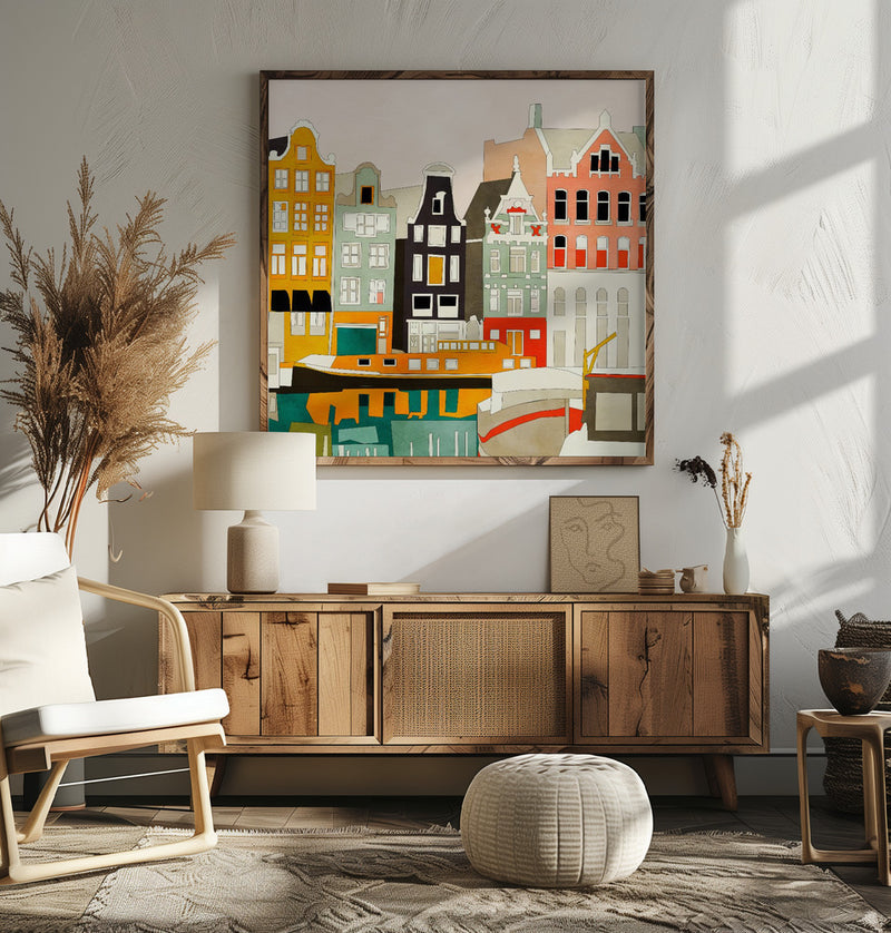 Amsterdam houses with ships, view 1 - Square Stretched Canvas, Poster or Fine Art Print I Heart Wall Art