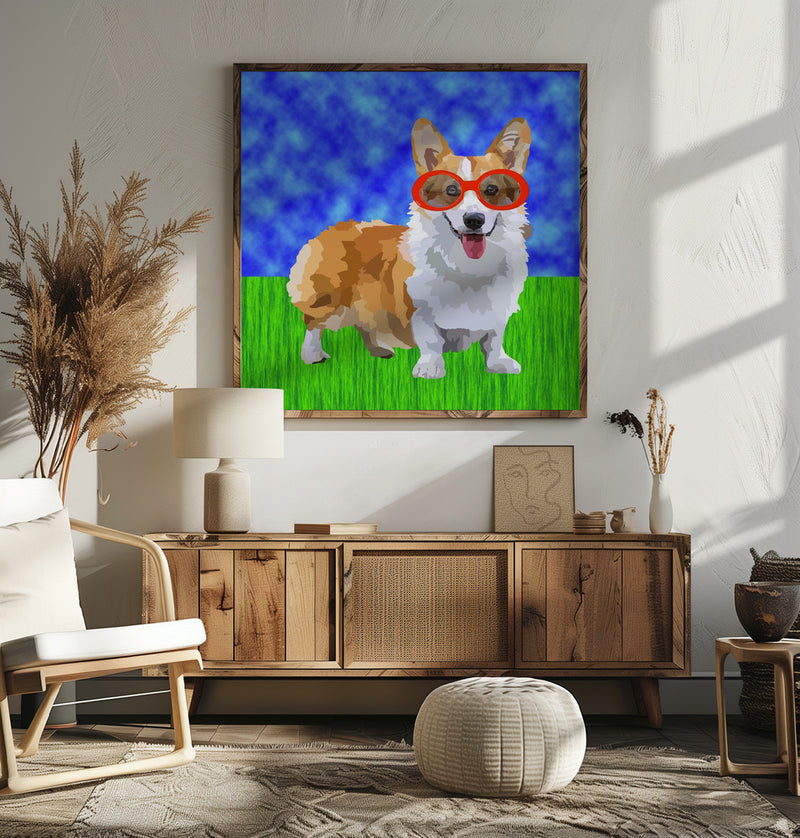 Corgi in Sunglasses - Square Stretched Canvas, Poster or Fine Art Print I Heart Wall Art