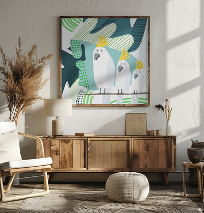 Cockatoo in a Jungle Doodle by Carla Daly - Square Stretched Canvas, Poster or Fine Art Print I Heart Wall Art