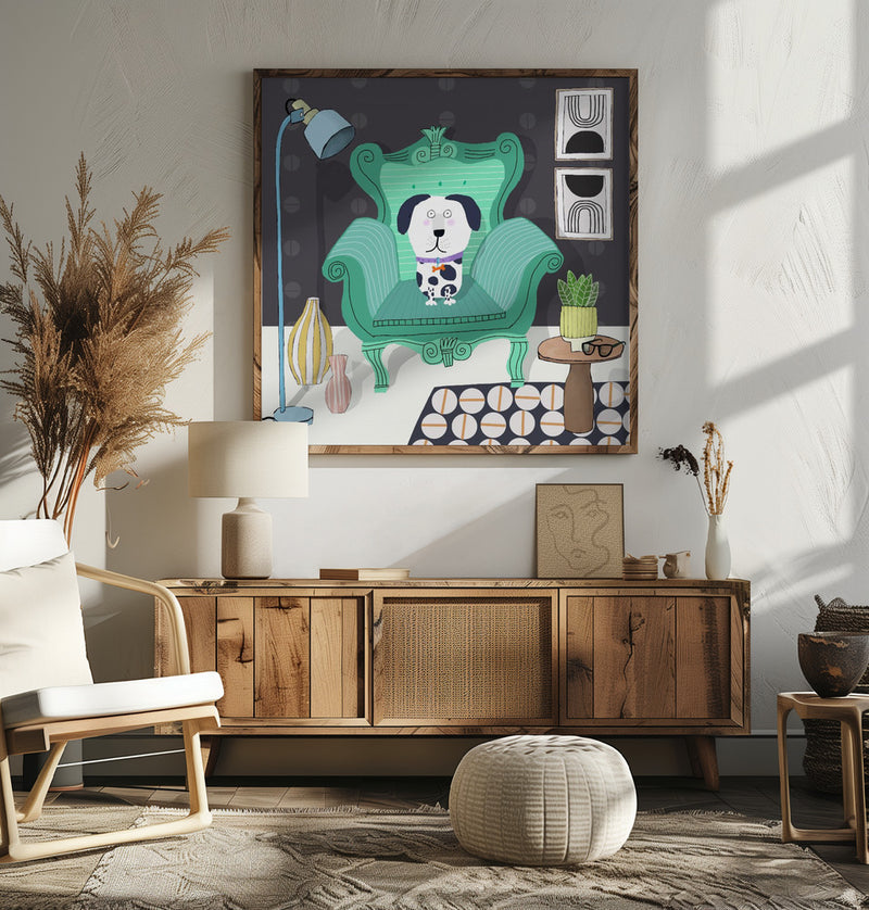 Funny Dog Sitting in a Trendy Interior by Carla Daly - Square Stretched Canvas, Poster or Fine Art Print I Heart Wall Art