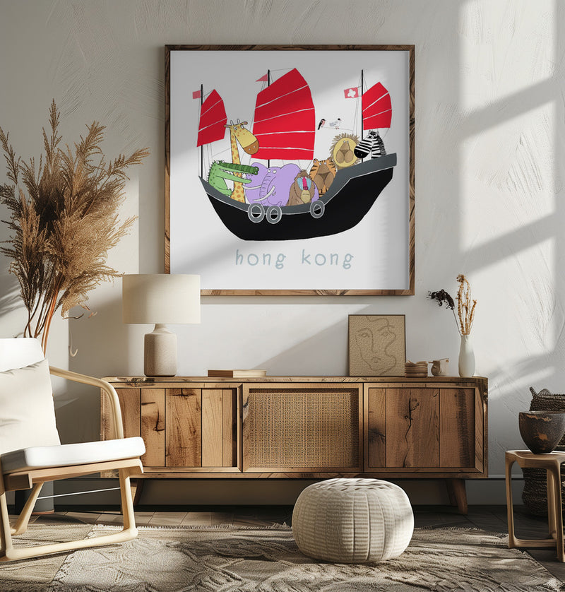 Jungle Animals Travelling in a Junk Boat in Hong Kong by Carla Daly - Square Stretched Canvas, Poster or Fine Art Print I Heart Wall Art