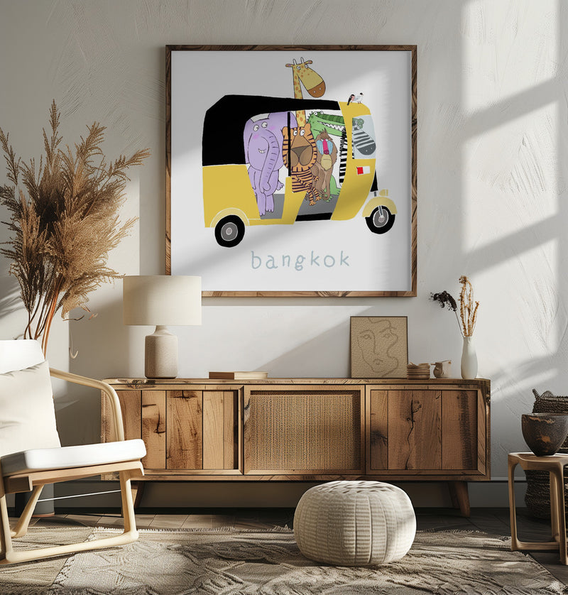 Jungle Animals Take a Ride in a Bangkok Tuk Tuk by Carla Daly - Square Stretched Canvas, Poster or Fine Art Print I Heart Wall Art