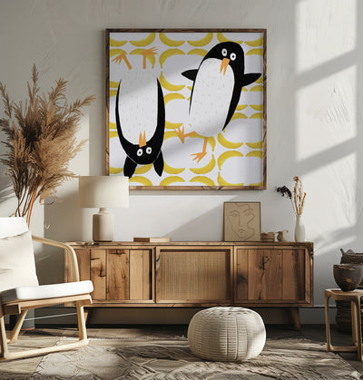 Funny Penguins with Banana Pattern Background by Carla Daly - Square Stretched Canvas, Poster or Fine Art Print I Heart Wall Art