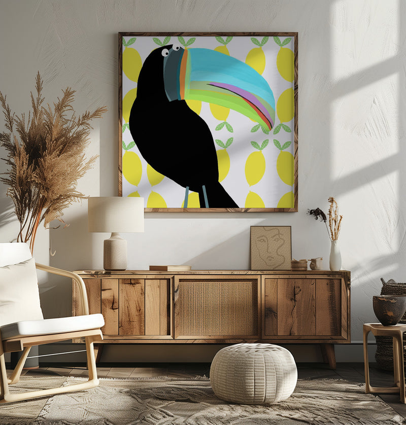 Tropical Toucan Bird with Lemon Pattern Background by Carla Daly - Square Stretched Canvas, Poster or Fine Art Print I Heart Wall Art