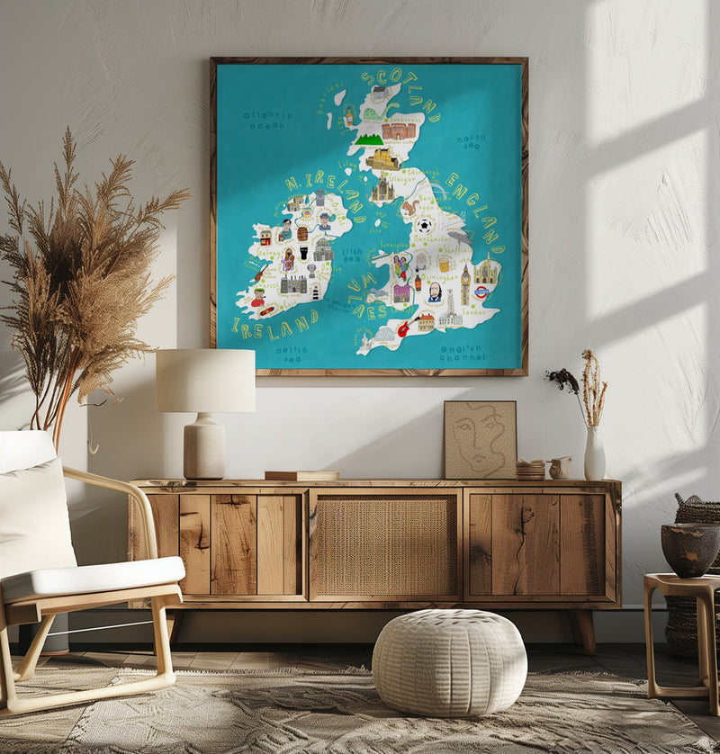 Map of UK and Ireland with Country Icons by Artist Carla Daly - Square Stretched Canvas, Poster or Fine Art Print I Heart Wall Art