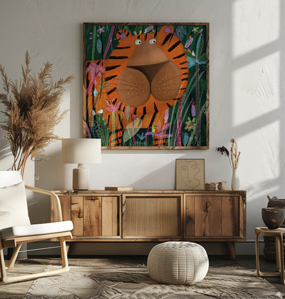 Cute Tiger Peeking Out of the Jungle by Artist Carla Daly - Square Stretched Canvas, Poster or Fine Art Print I Heart Wall Art