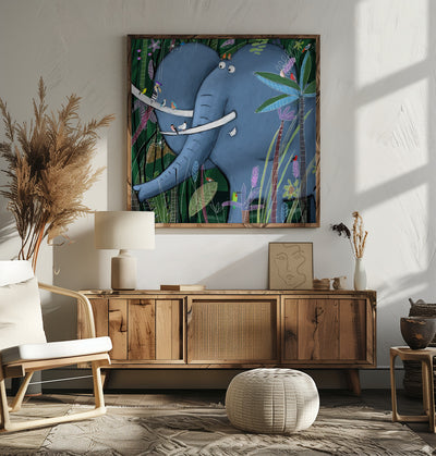 Large Elephant Peeks Out of the Jungle by Artist Carla Daly - Square Stretched Canvas, Poster or Fine Art Print I Heart Wall Art