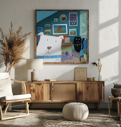 Cute White Dog with Black Cat in Designer Interior - Square Stretched Canvas, Poster or Fine Art Print I Heart Wall Art