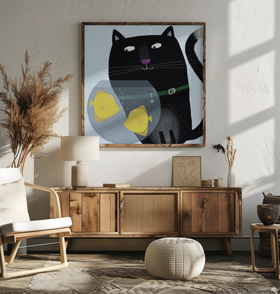 Black Cat Eyeing Up Yellow Fish in fish Bowl by Artist Carla Daly - Square Stretched Canvas, Poster or Fine Art Print I Heart Wall Art