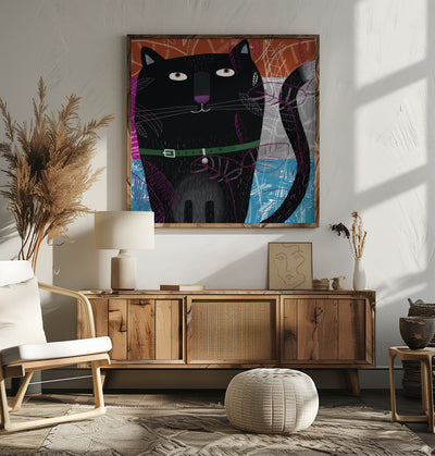 Black Cat with Falling Autumnal Leaves by Artist Carla - Square Stretched Canvas, Poster or Fine Art Print I Heart Wall Art