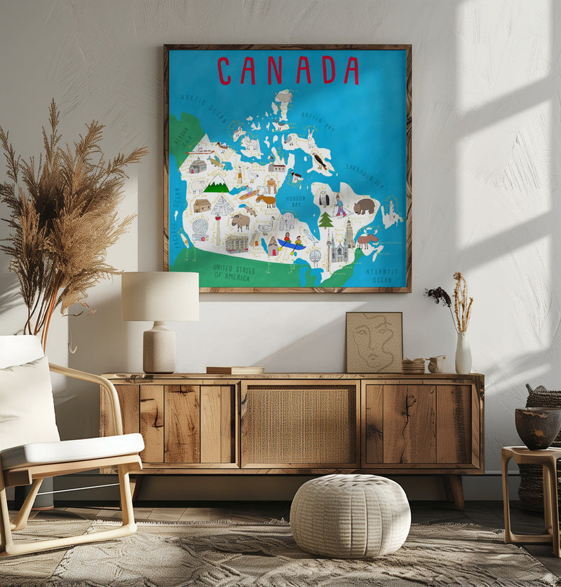 Illustrated Map of Canada by Artist Carla Daly - Square Stretched Canvas, Poster or Fine Art Print I Heart Wall Art