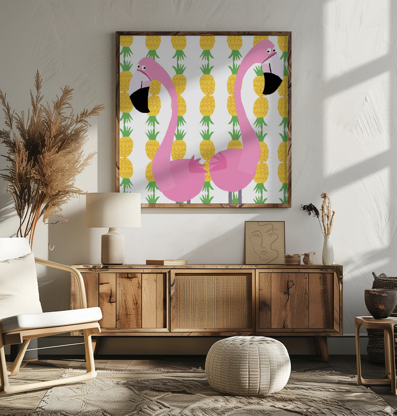 Two Falmingos with Pineapples by Artist Carla Daly - Square Stretched Canvas, Poster or Fine Art Print I Heart Wall Art