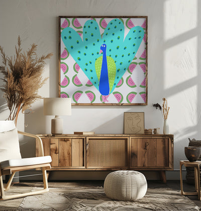 Electric Peacock with Watermelon Pattern by Artist Carla Daly - Square Stretched Canvas, Poster or Fine Art Print I Heart Wall Art