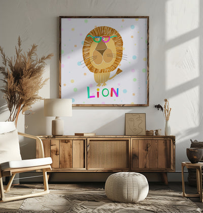 Funny Lion Wearing Glasses by Artist Carla Daly - Square Stretched Canvas, Poster or Fine Art Print I Heart Wall Art