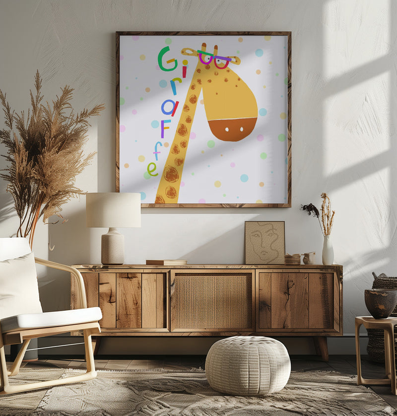 Cute Giraffe Wearing Glasses with Colorful Text by Carla Daly - Square Stretched Canvas, Poster or Fine Art Print I Heart Wall Art