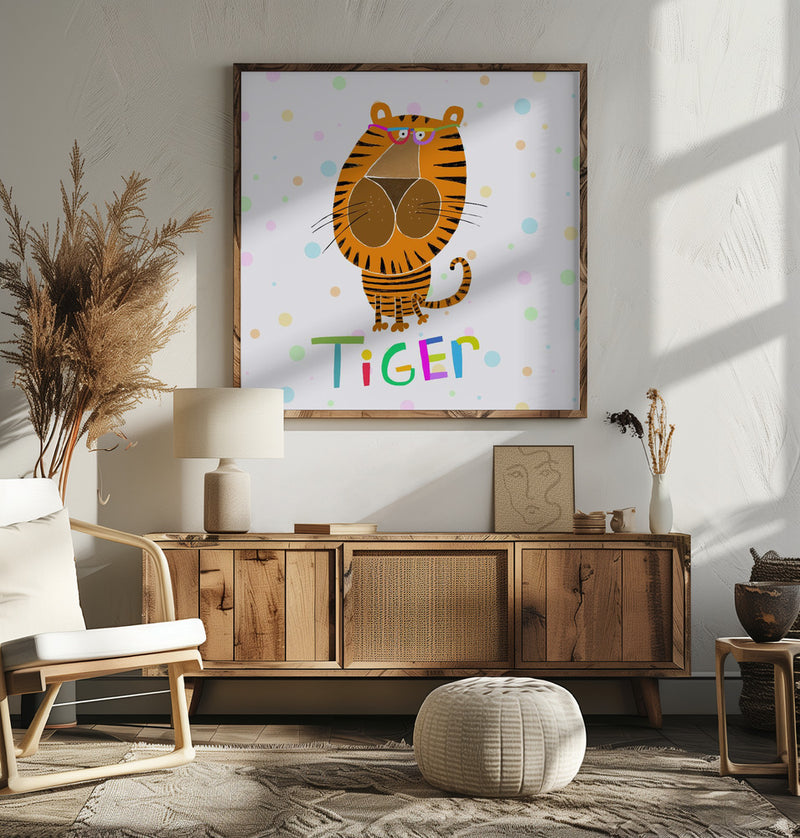 Happy Tiger Wearing Glasses by Illustrator Carla Daly - Square Stretched Canvas, Poster or Fine Art Print I Heart Wall Art