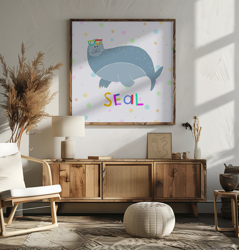 Happy Seal Wearing a Large Pair of Glasses by Carla Daly - Square Stretched Canvas, Poster or Fine Art Print I Heart Wall Art