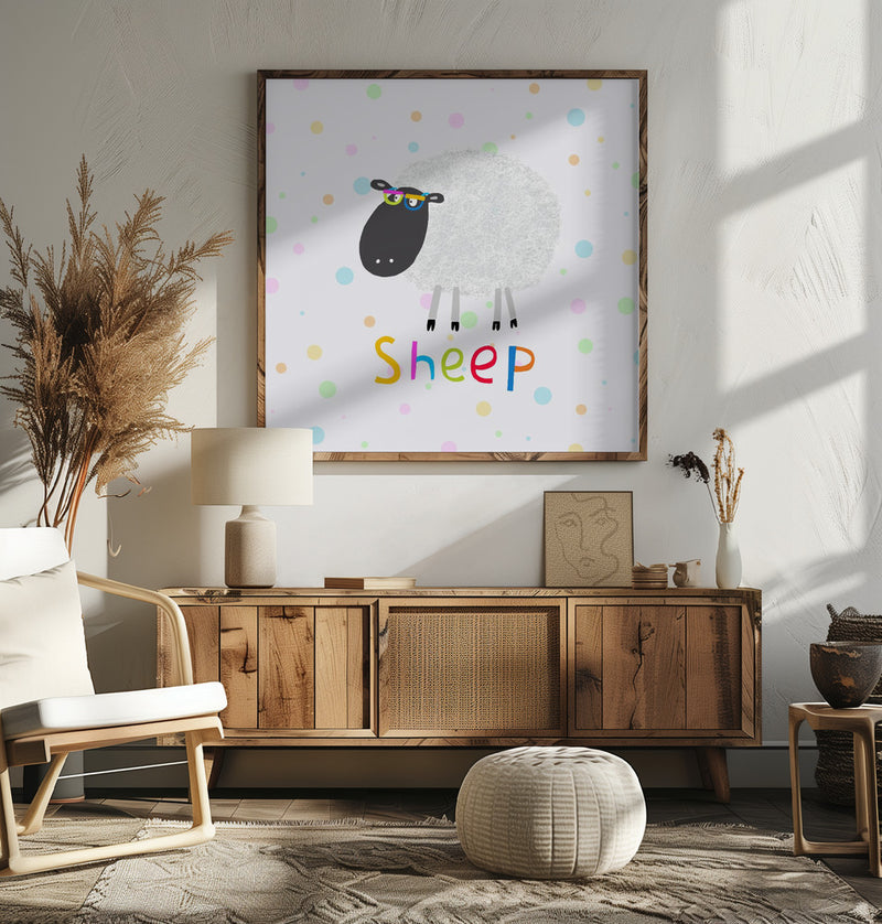 Cute Fluffy Sheep Wearing Colorful Glasses by Artist Carla Daly - Square Stretched Canvas, Poster or Fine Art Print I Heart Wall Art