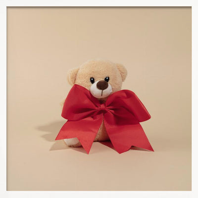 Teddy Bear with Red Bow - Square Stretched Canvas, Poster or Fine Art Print I Heart Wall Art