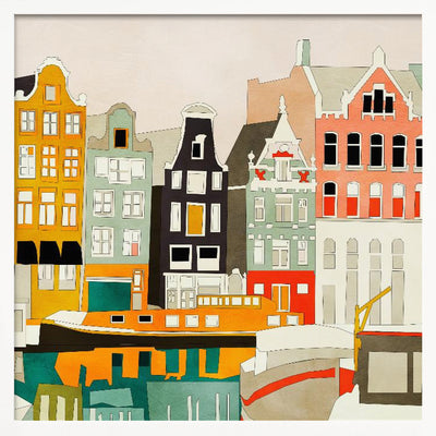 Amsterdam houses with ships, view 1 - Square Stretched Canvas, Poster or Fine Art Print I Heart Wall Art