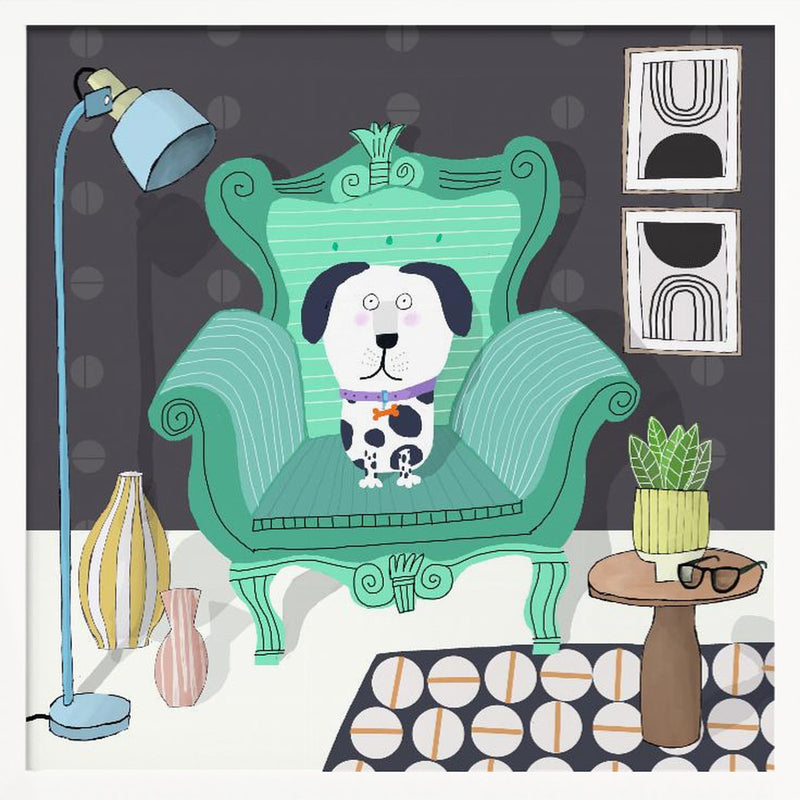 Funny Dog Sitting in a Trendy Interior by Carla Daly - Square Stretched Canvas, Poster or Fine Art Print I Heart Wall Art