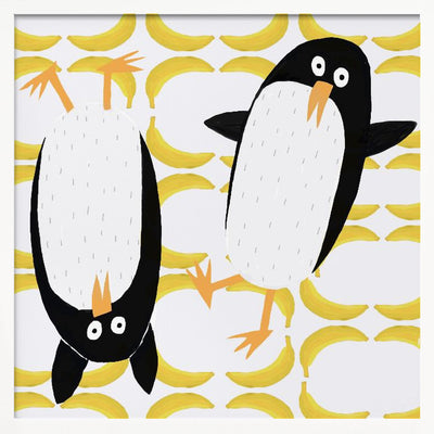 Funny Penguins with Banana Pattern Background by Carla Daly - Square Stretched Canvas, Poster or Fine Art Print I Heart Wall Art