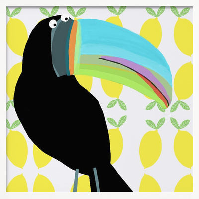 Tropical Toucan Bird with Lemon Pattern Background by Carla Daly - Square Stretched Canvas, Poster or Fine Art Print I Heart Wall Art