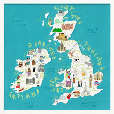 Map of UK and Ireland with Country Icons by Artist Carla Daly - Square Stretched Canvas, Poster or Fine Art Print I Heart Wall Art