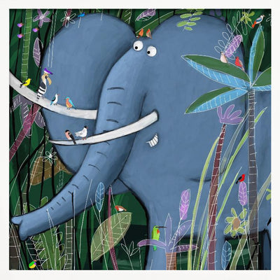 Large Elephant Peeks Out of the Jungle by Artist Carla Daly - Square Stretched Canvas, Poster or Fine Art Print I Heart Wall Art