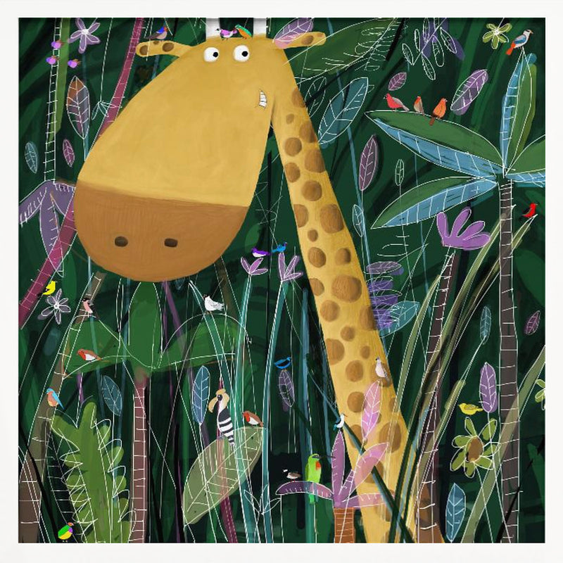 Cute Giraffe Peeks Out of the Jungle by Artist Carla Daly - Square Stretched Canvas, Poster or Fine Art Print I Heart Wall Art