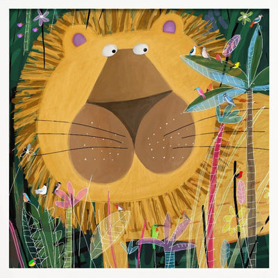 Large Lion Peeks Out of the Jungle Foliage by Artist Carla Daly - Square Stretched Canvas, Poster or Fine Art Print I Heart Wall Art