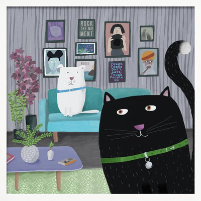 Black Cat and White Dog in Trendy Interior by Carla Daly - Square Stretched Canvas, Poster or Fine Art Print I Heart Wall Art