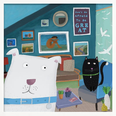 Cute White Dog with Black Cat in Designer Interior - Square Stretched Canvas, Poster or Fine Art Print I Heart Wall Art