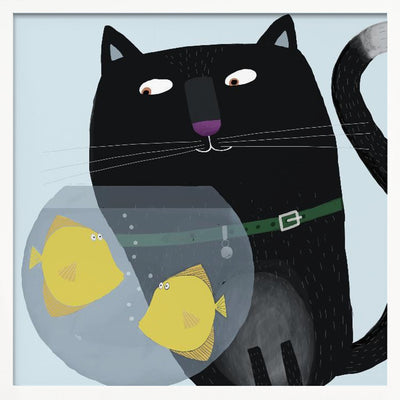 Black Cat Eyeing Up Yellow Fish in fish Bowl by Artist Carla Daly - Square Stretched Canvas, Poster or Fine Art Print I Heart Wall Art