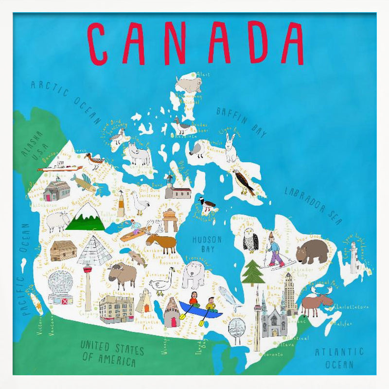 Illustrated Map of Canada by Artist Carla Daly - Square Stretched Canvas, Poster or Fine Art Print I Heart Wall Art