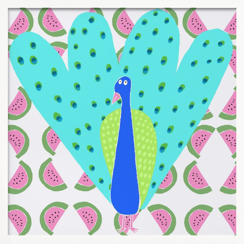 Electric Peacock with Watermelon Pattern by Artist Carla Daly - Square Stretched Canvas, Poster or Fine Art Print I Heart Wall Art