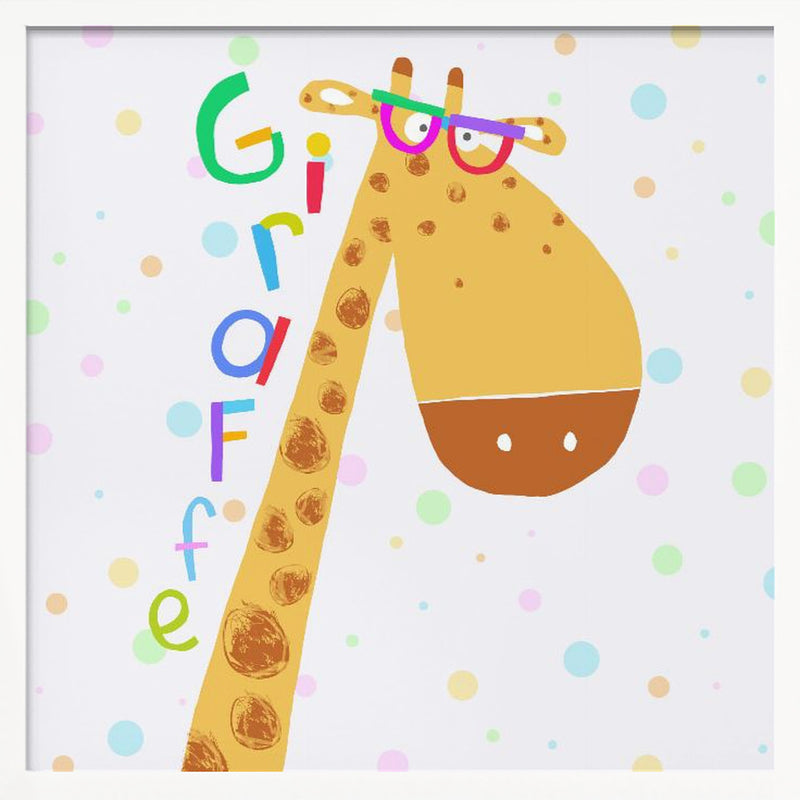 Cute Giraffe Wearing Glasses with Colorful Text by Carla Daly - Square Stretched Canvas, Poster or Fine Art Print I Heart Wall Art