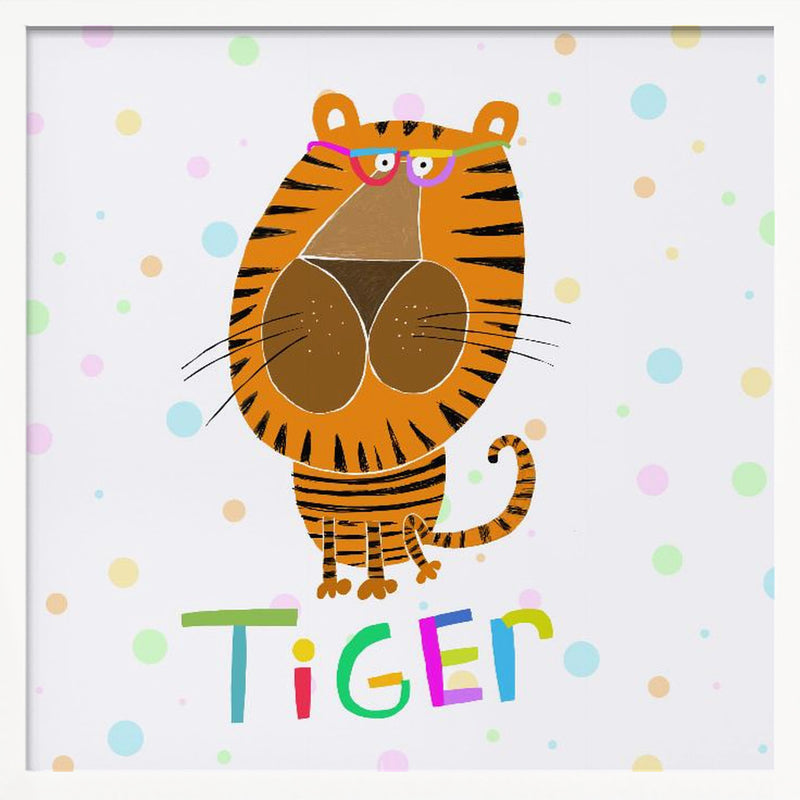 Happy Tiger Wearing Glasses by Illustrator Carla Daly - Square Stretched Canvas, Poster or Fine Art Print I Heart Wall Art