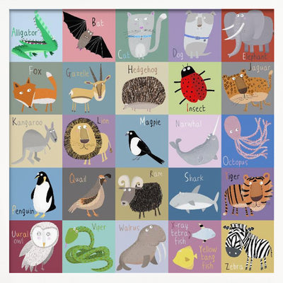 Colorful Chequered Animal Alphabet by Artist Carla Daly - Square Stretched Canvas, Poster or Fine Art Print I Heart Wall Art