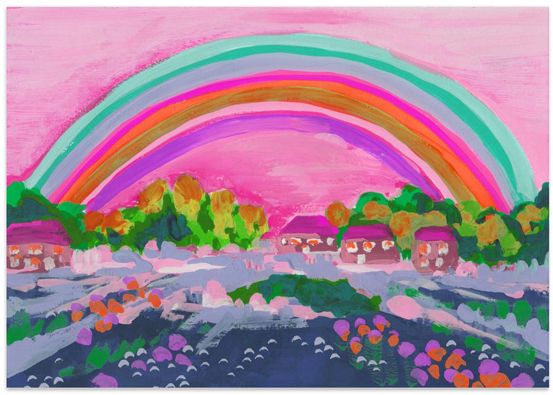 Countryside Rainbow On Pink - Stretched Canvas, Poster or Fine Art Print I Heart Wall Art