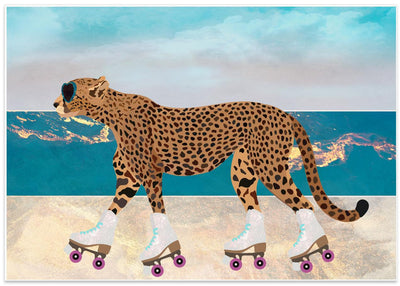 Cheetah Rollerskating Landscape Beach 01 - Stretched Canvas, Poster or Fine Art Print I Heart Wall Art