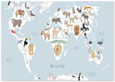 Illustrated Map of the World with Cute Animals - Stretched Canvas, Poster or Fine Art Print I Heart Wall Art