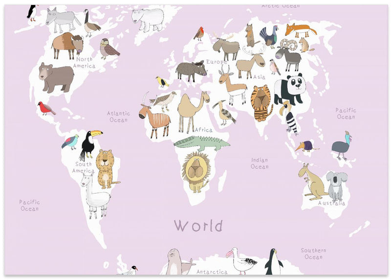 Illustrated Map of the World with Cute Animals - Stretched Canvas, Poster or Fine Art Print I Heart Wall Art