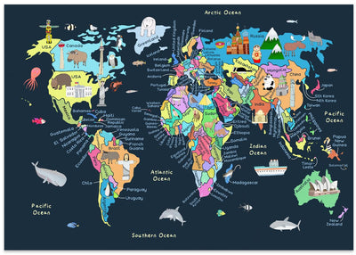 Educational Illustrated Map of the World for Kids - Stretched Canvas, Poster or Fine Art Print I Heart Wall Art