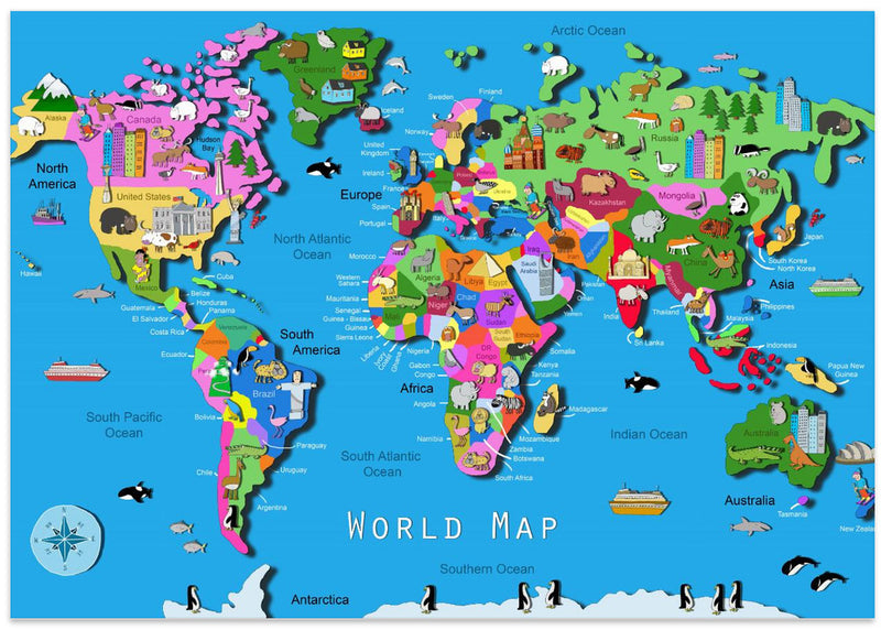 Illustrated World Map with Countries and Continents by Carla Daly - Stretched Canvas, Poster or Fine Art Print I Heart Wall Art